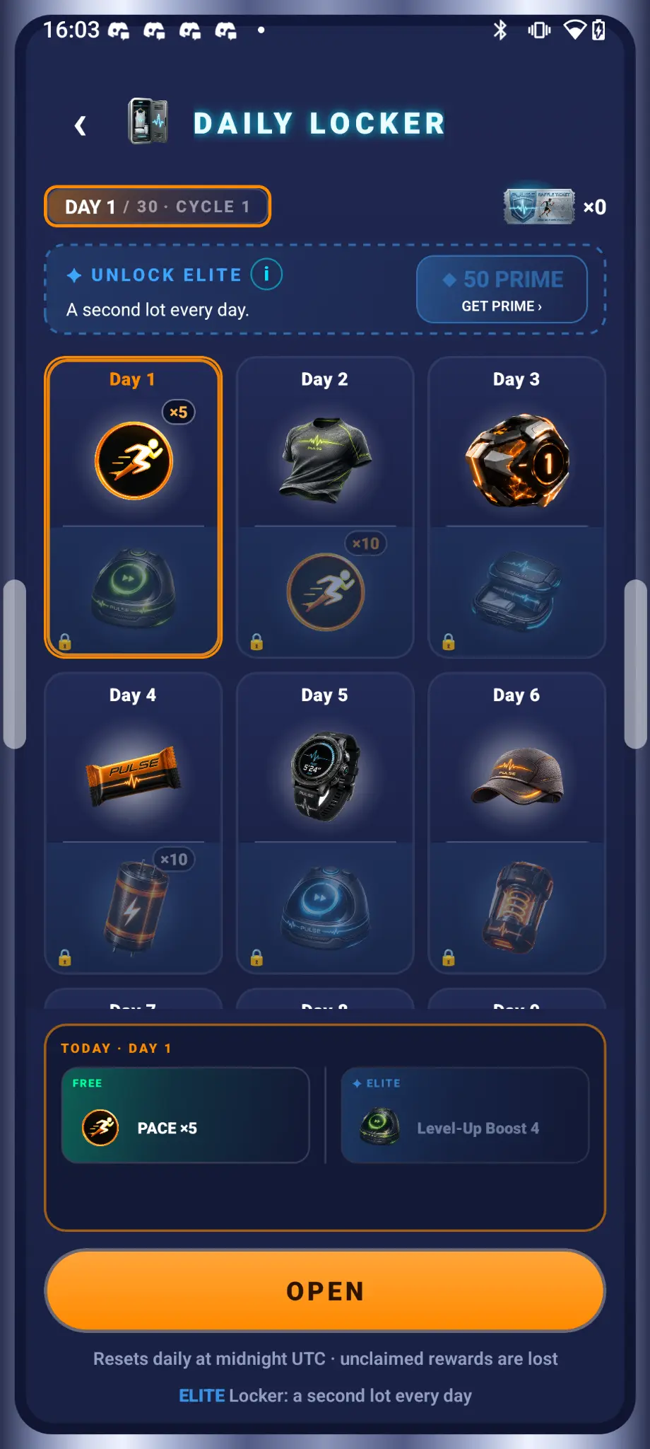 PULSE Daily Locker showing the 30-day calendar, FREE rewards and ELITE rewards