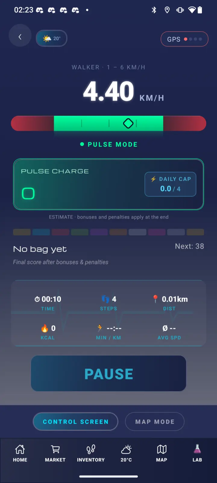 PULSE Fortune run screen showing live Charge and the next Sport Bag threshold