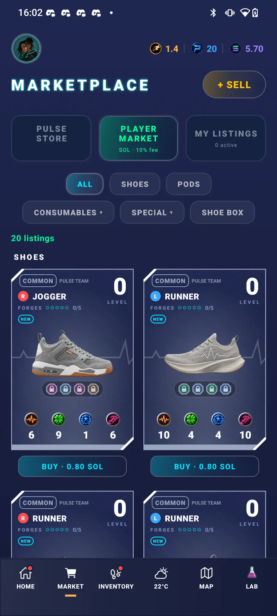 PULSE Player Marketplace showing Shoes and the Pods filter