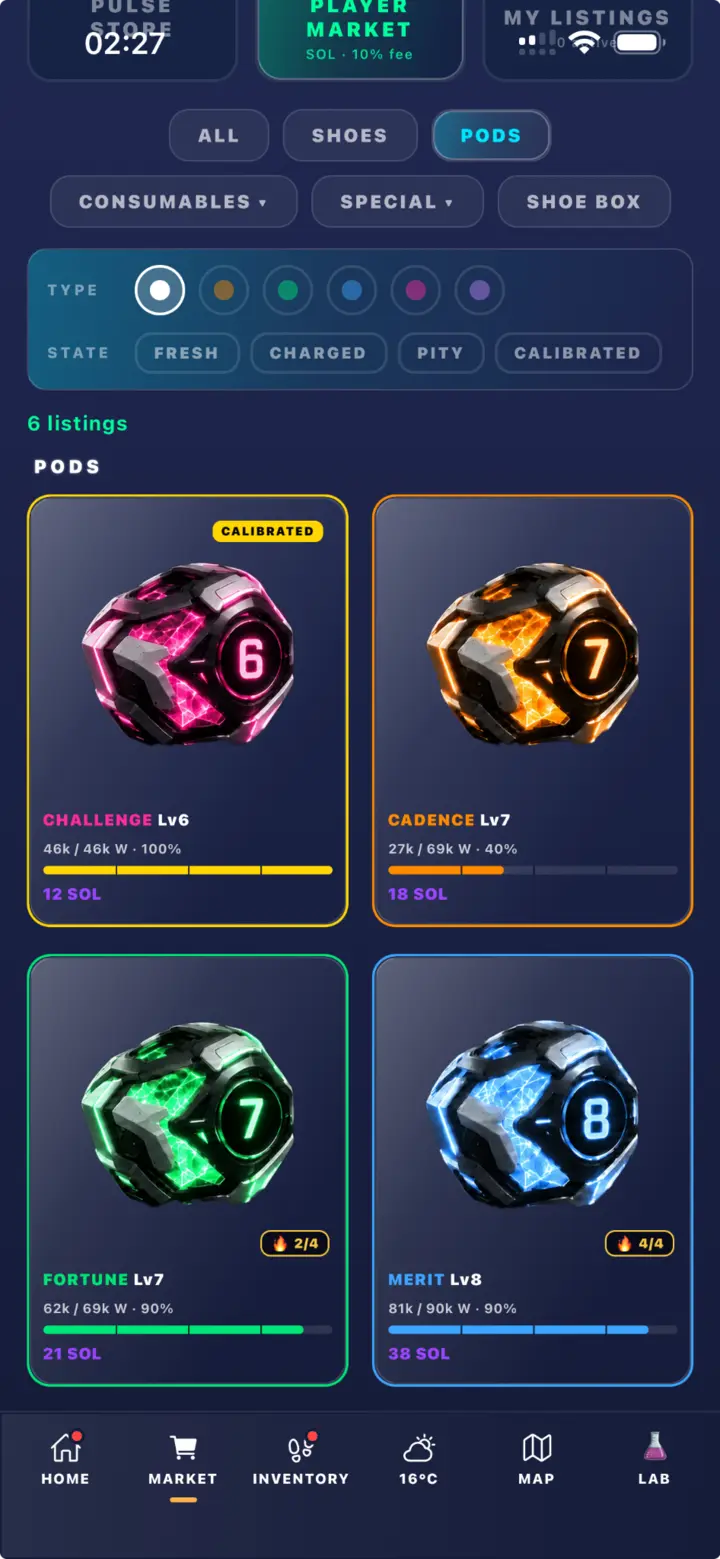 PULSE Pod marketplace showing levels, charge and calibrated state