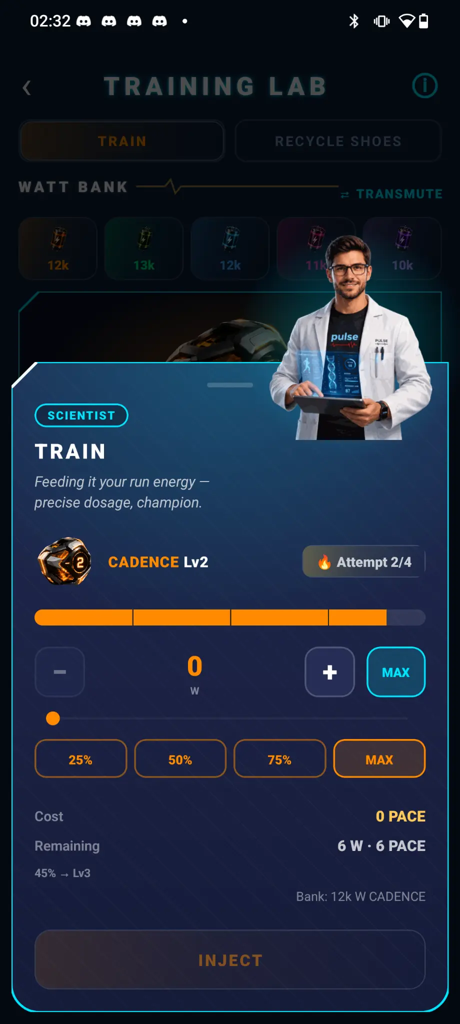 PULSE Training Lab injection panel showing a Cadence Pod, Watt dosage and PACE cost
