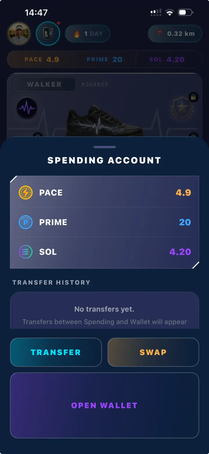 PULSE Spending Account showing PACE, PRIME and SOL balances