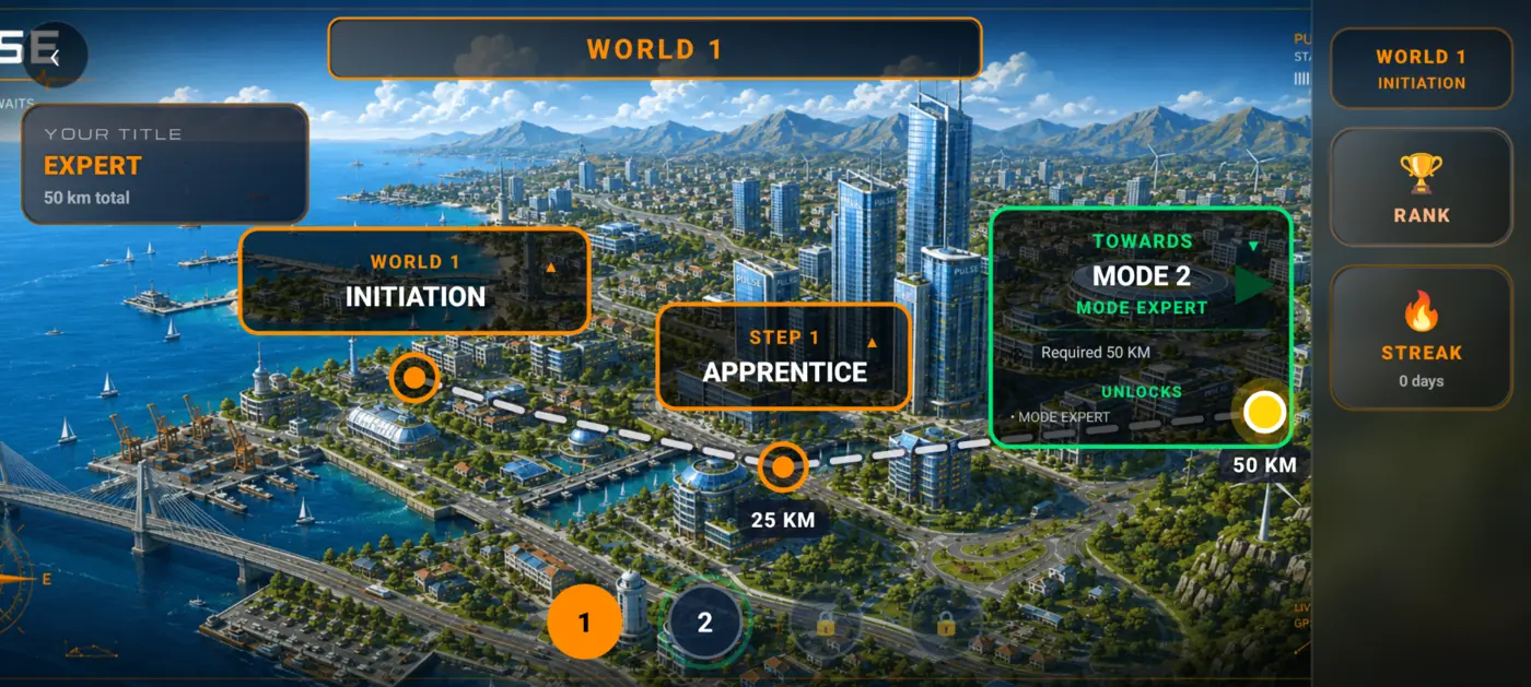PULSE World 1 Initiation map with the 25 km and 50 km milestones