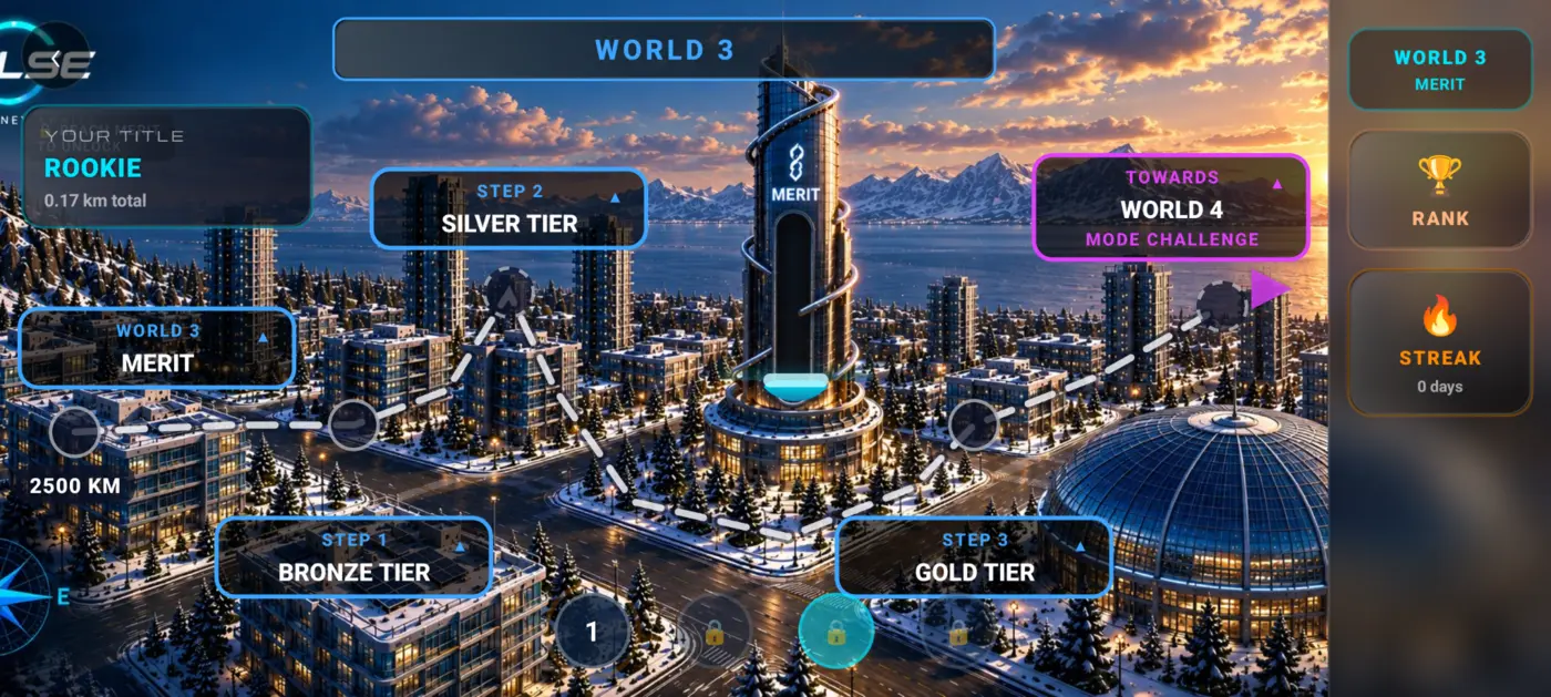 PULSE World 3 Merit map with its central Merit tower