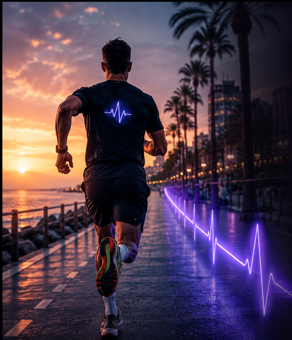A runner moving along a seaside promenade at sunrise, followed by a glowing PULSE ECG line.