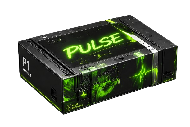 A mysterious PULSE Shoe Box floating in a premium grey environment.