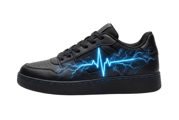 The first PULSE shoe, black with a glowing cyan ECG signature.