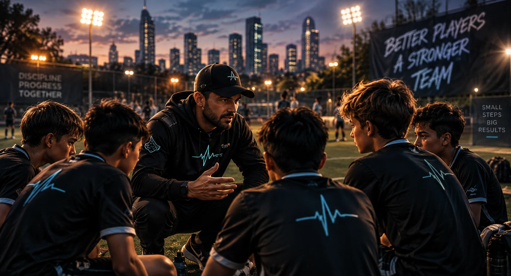 Coach motivating athletes on an urban sports field