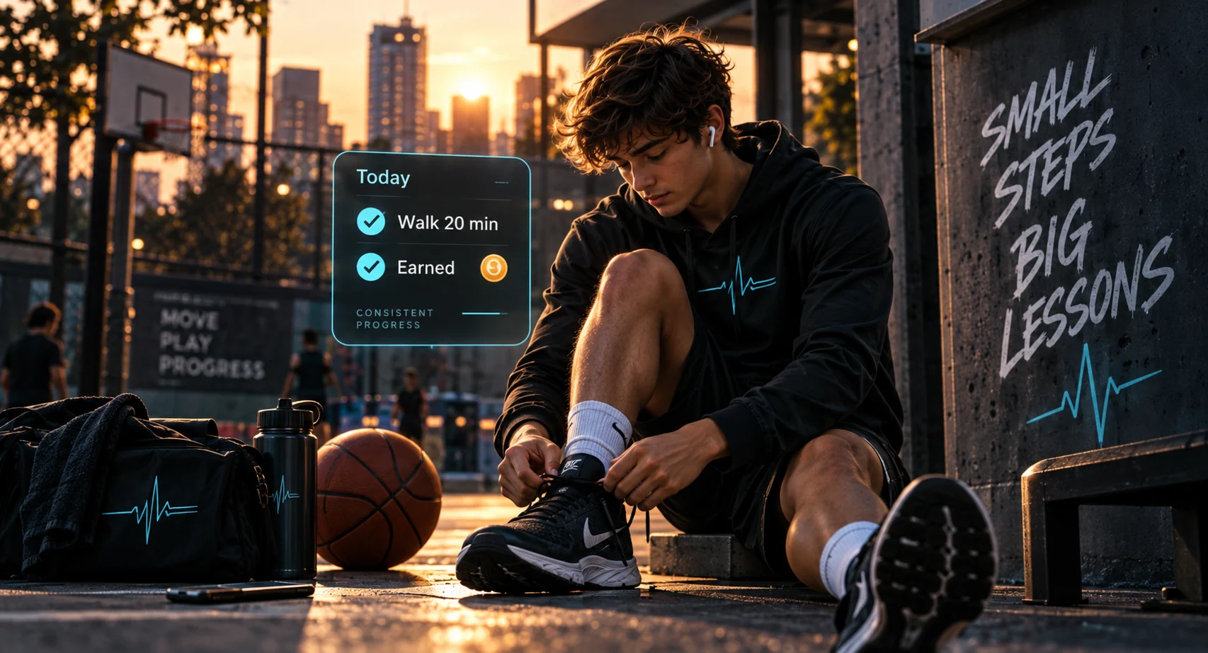 Teenager preparing for activity in an urban sports environment