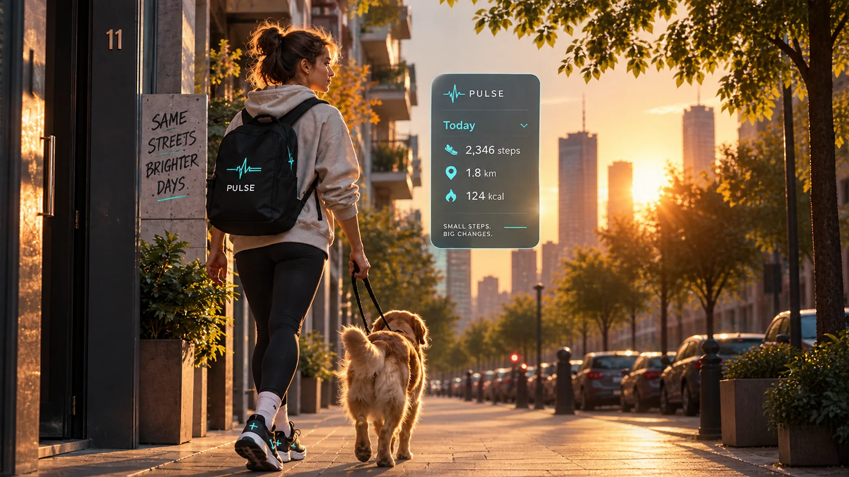 Woman walking her dog in an urban environment