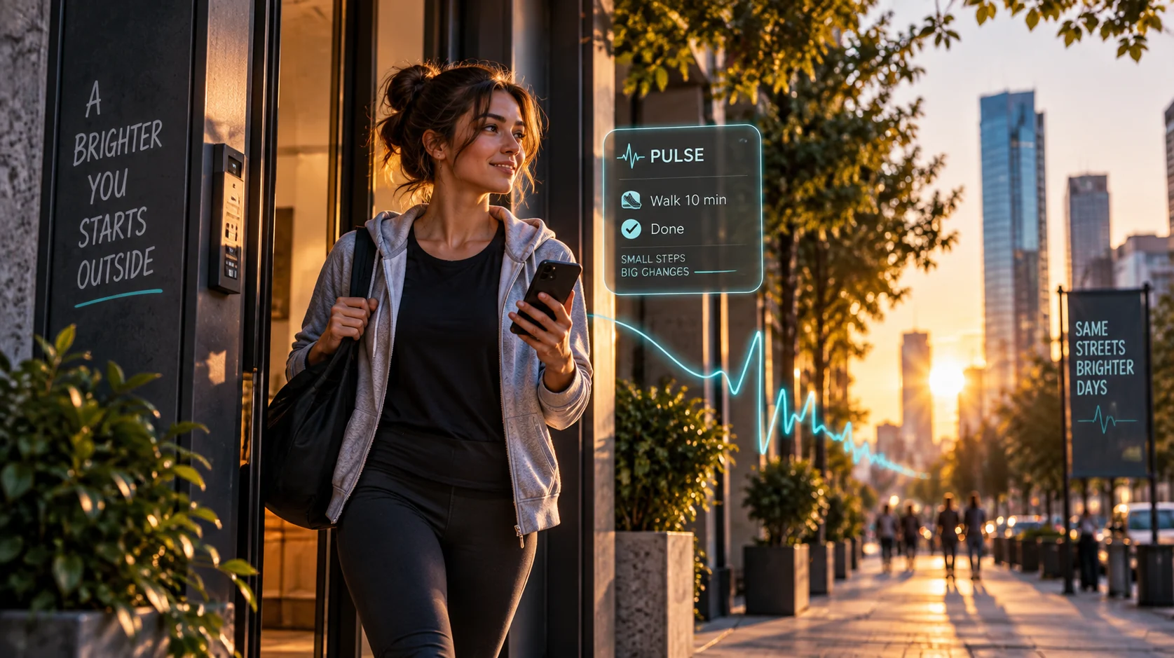 An ordinary person stepping outside with a smartphone, beginning a simple PULSE walk