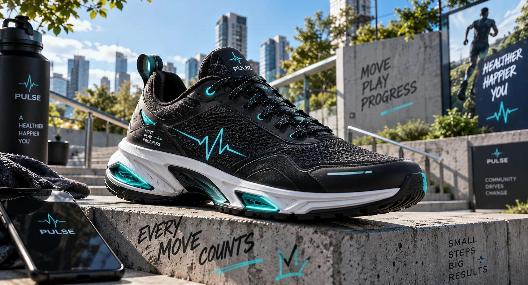 Detailed PULSE sneaker in a daytime urban environment
